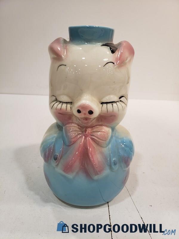 Vintage Ceramic Glossy Pink & Blue Pig with Bow Creamer Pitcher Vase