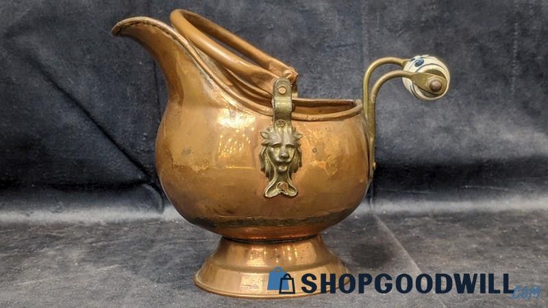 Vintage 1900s Copper Metal Scuttle Bucket Container Ceramic Handle Lion Accents