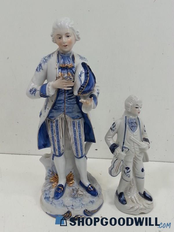 2 Porcelain Victorian Gentleman Figures Blue & White 12