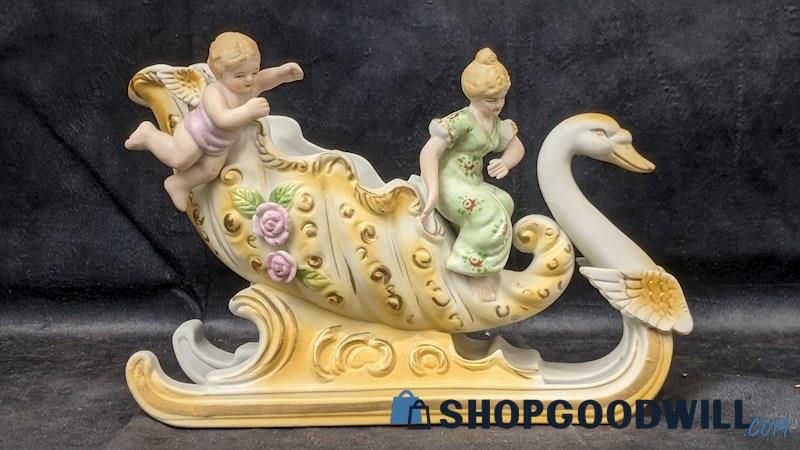 Vintage 1945 Andrea By Sadek Porcelain Figurine Angels On Swan Sleigh Planter