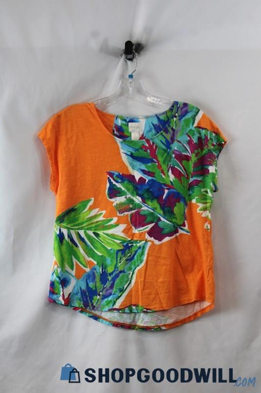 Chico's Women's Orange Floral Pattern Boat Neck T-Shirt SZ M