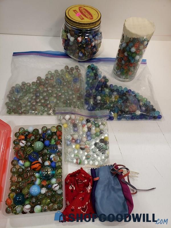 19lbs of Marbles, Vintage Toys & Games Glass Uranium W/ Jars & Bags 