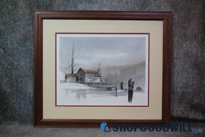 Dock & Boat Framed Watercolor Print 753/2500 Facsimile Signed Mark Polomchak Art