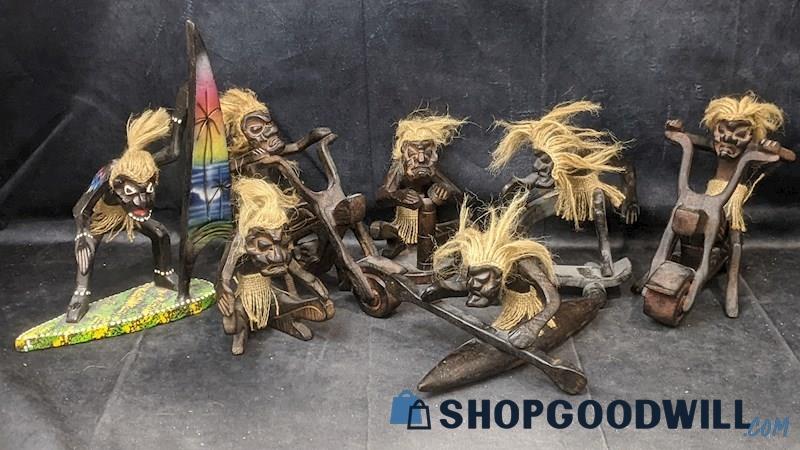 7pcs Hand-Carved Wooden Primitive Tribal People Surfing Motorcycles Kayaking