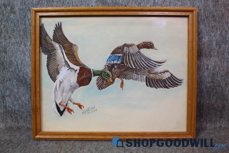 Mallard Ducks Framed Wildlife Bird Waterfowl Original Watercolor Painting Sign B