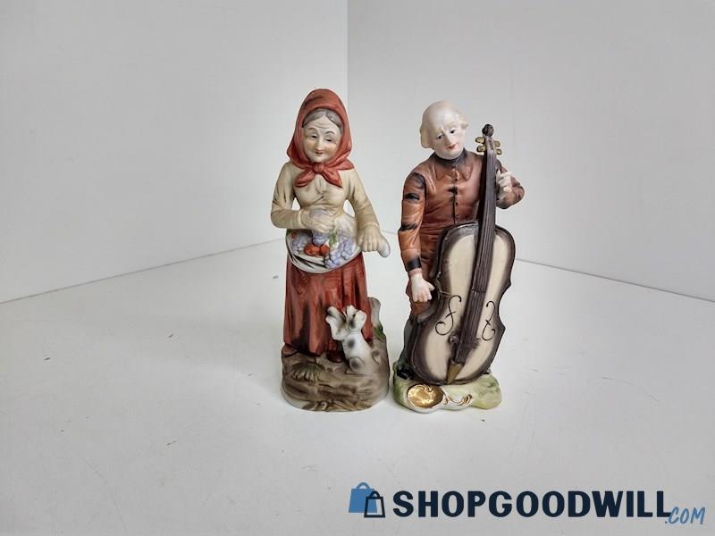 2pc Vintage Homco Porcelain Smiling Old Lady  Man Playing Brass Fiddle Figurines