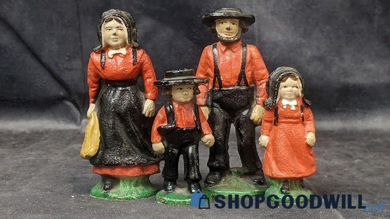 Vintage 20th Century Cast Iron Figurines Amish Farm Family Members Red Black 