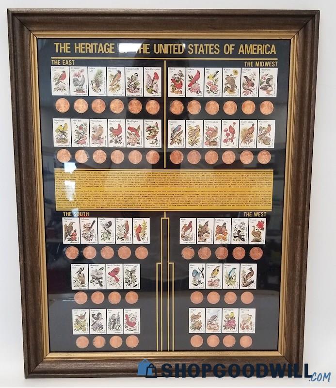 Vintage Coins & Stamps Framed 'The Heritage of The USA'