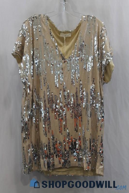 NWT By Together Women's Tan Sequin Tunic Blouse SZ L