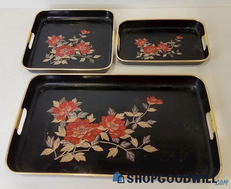 3pc Nesting Trays Red/Brown Floral Wooden Approx 11x19