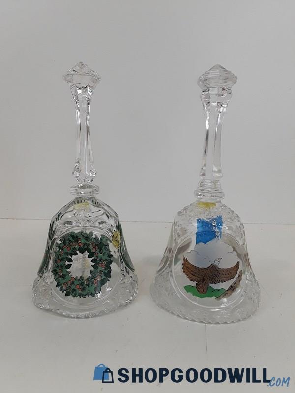 Lot Of 2pc Crystal Christmas Wreath & Eagle Collectible Bells 