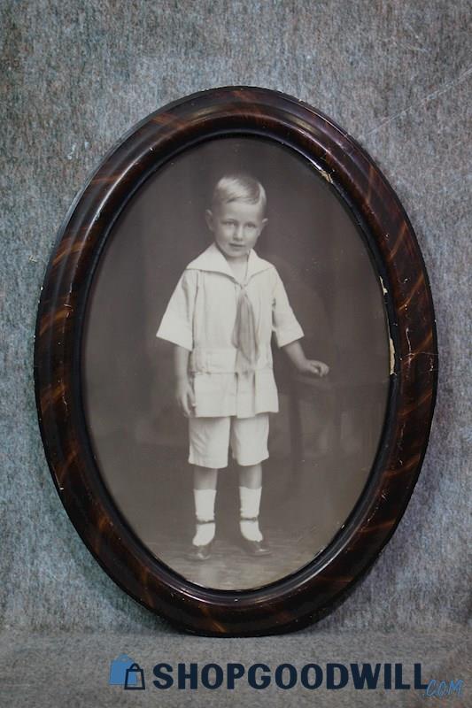Young Boy at Table Oval Framed VTG Black and White Nordic Bros. Photo Art Decor