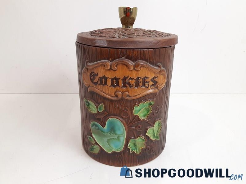 Cookie Jar- Log, Leaf & Apple Pattern & Design w/ Lid Treasure Craft Made In USA