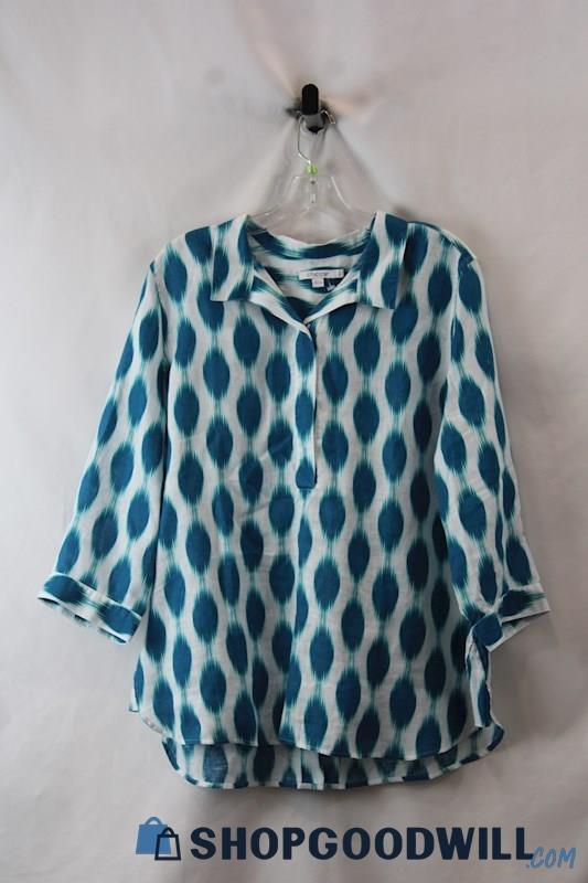 Chico's Women's White/Blue Pattern Back Button Detail Linen Shirt SZ L/12