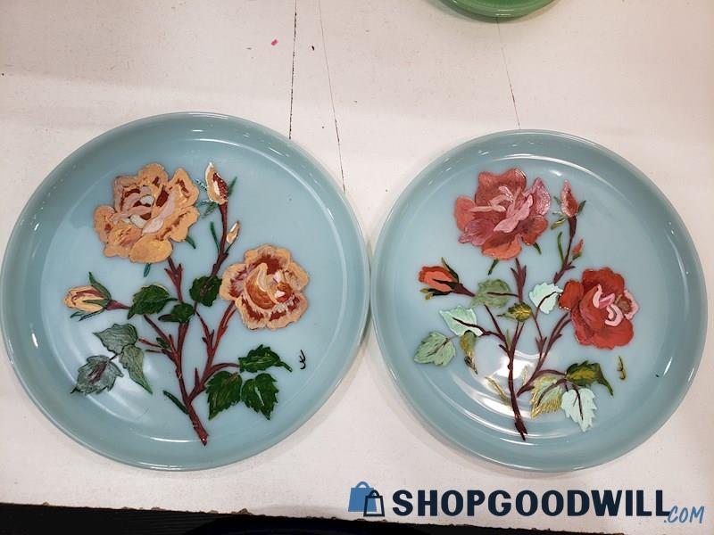 2pc Blue Hand Painted Anchor Hocking Fire King Flower Design 