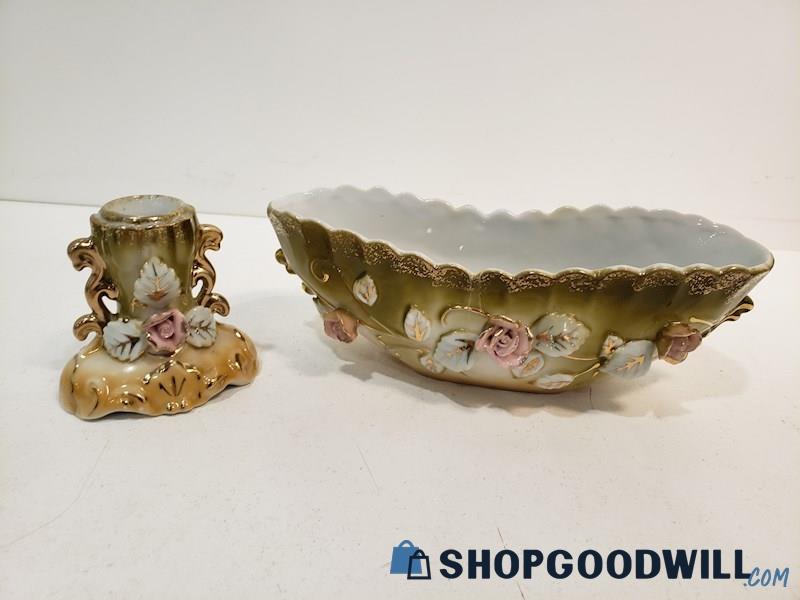 2pc Unbranded Dish Bowl & Candle Holder W/ Flower Ornate Gold Tone & Green