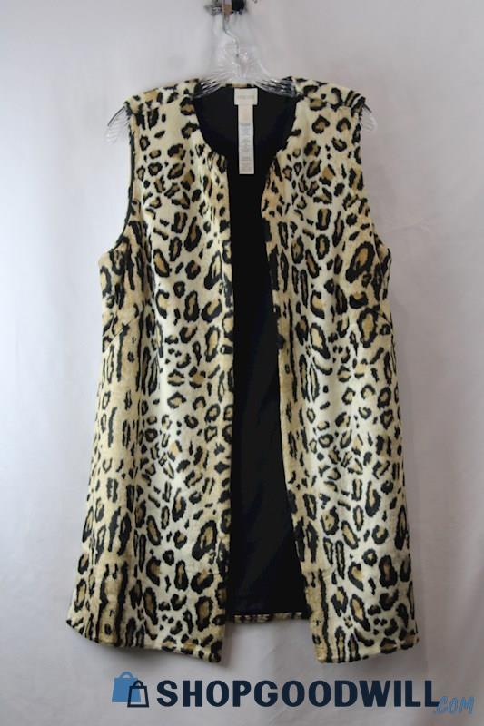Chico's Women's Beige Cheetah Pattern Faux Fur Open Vest sz M/8