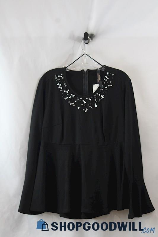 NWT Seven7 X Melissa McCarthy Women's Black Beaded Neck Bell Sleeve Blouse SZ 0X