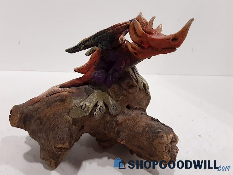 Colorful Winged Fantasy Creature Mounted On Wood Base UNBRANDED