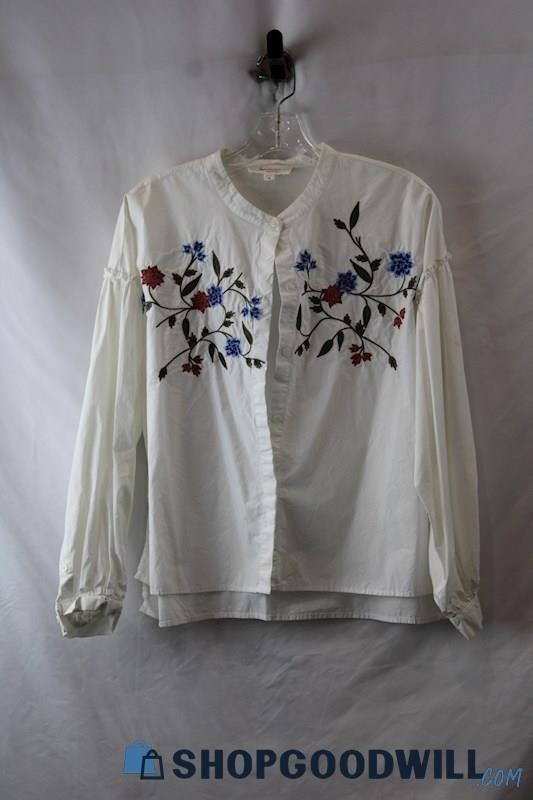 Vince Camuto Women's White/Red/Blue Floral Embroidered Button Up sz M