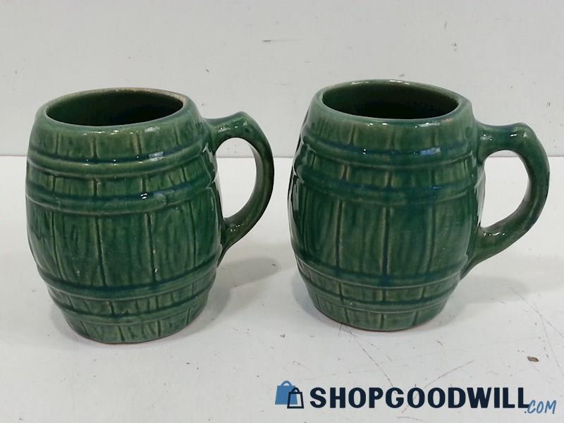 2 VTG McCoy Pottery Green Glazed Barrel Shaped Mugs 