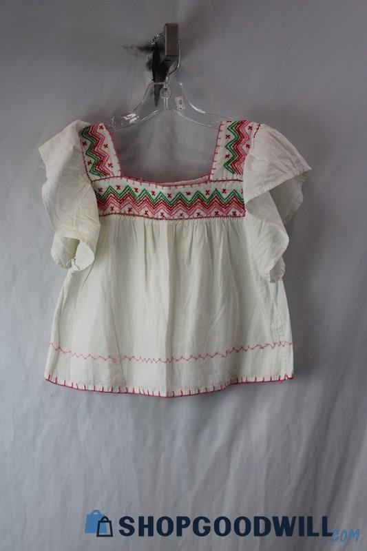 Girl's Vintage White Embroidered Ruffle Sleeve Blouse SZ XL