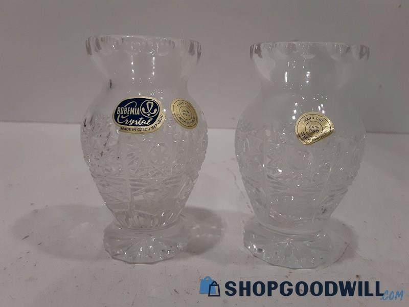 2 PC Bohemia Crystal & UNBRANDED Hand Cut Glass Bud Vases