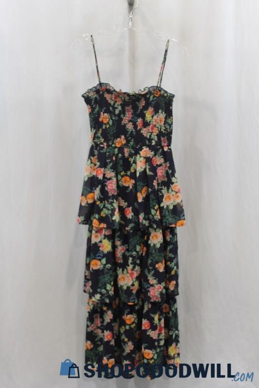 Altar'd State Womens Navy Floral Tiered Smocked Maxi Dress Sz M