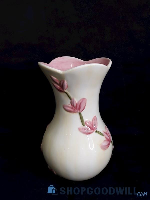 Vintage Pink Flower Butterfly Vase, Dainty Pastel Floral Botanical Design