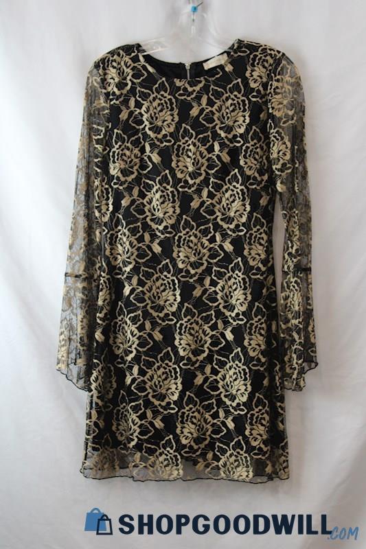 Altar'd State Women's Black/Gold Floral Lace Long Bell Sleeve A-Line Dress sz M