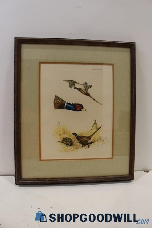 L. Rios Hand Signed Framed Pheasant Etching Print Made in Paris, France
