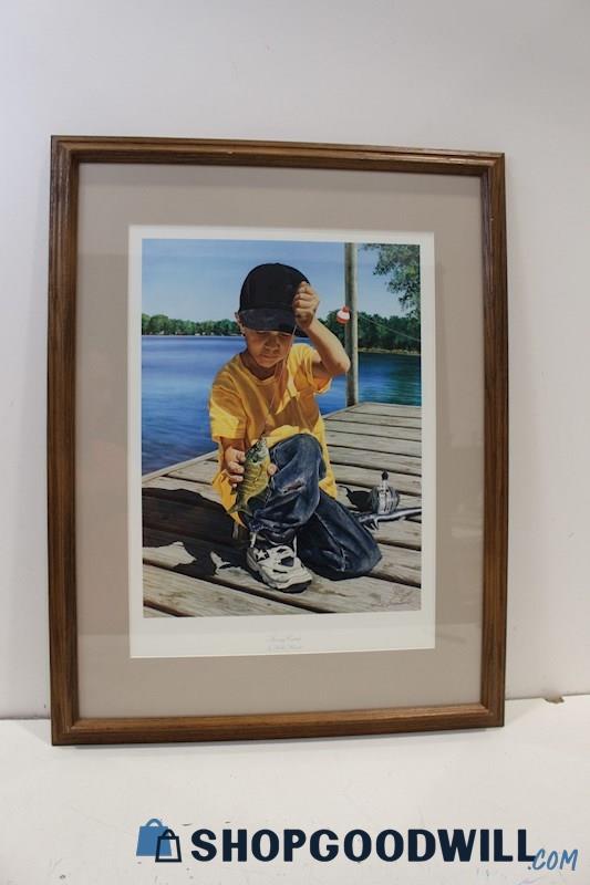 'Sunny Catch' Framed Little Boy fishing Print Signed Rollie Brandt 605/750