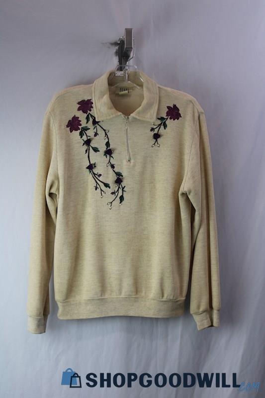 Teddi Women's Vintage Tan Floral Embroidered 1/4 Zip Collar Sweater SZ L