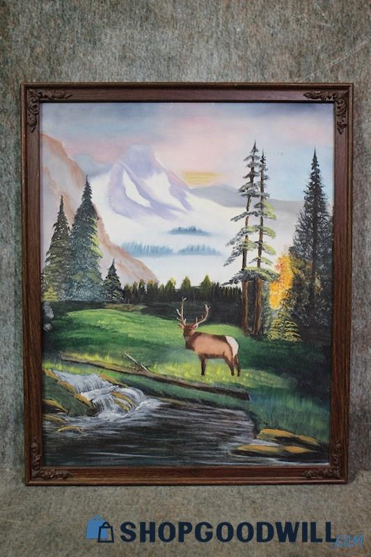 Elk in the Mountains Forest River Framed Wildlife Nature Painting Signed Bea Art