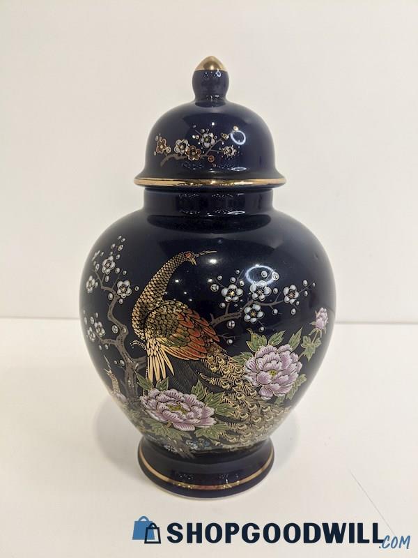 Japanese Navy & Gold Porcelain Peacock Cherry Blossom Flower Urn Jar w/ Lid