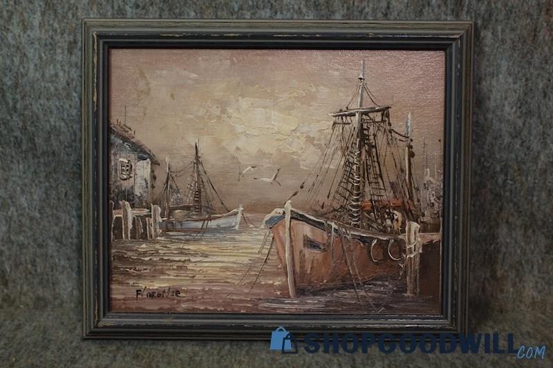 Docked Fishing Boats at Harbor on a Cloudy Day Framed Painting Signed Florence