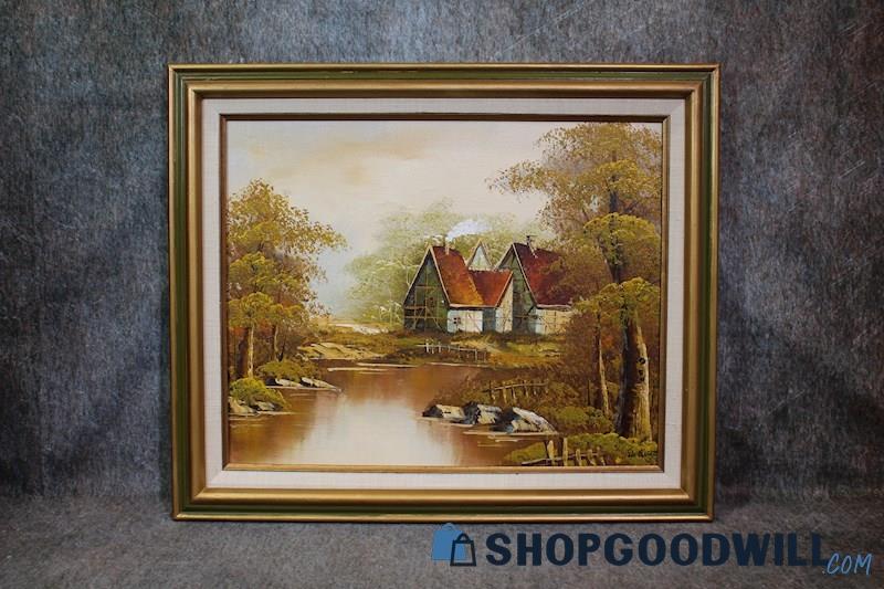 Riverside Forest Village Framed Original Oil Landscape Painting Signed De Bell