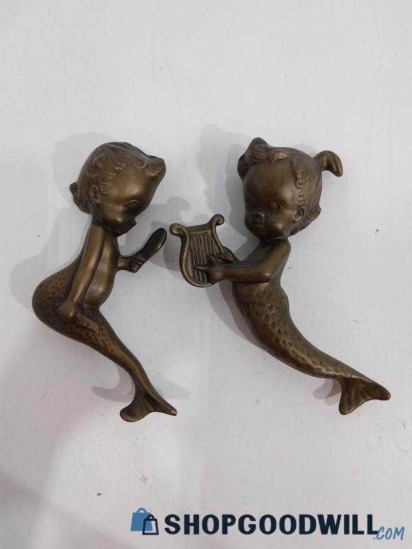 2PCS VTG RARE Mermaids Looking In Mirror Playing Harp Figurine Wall Hang Décor 