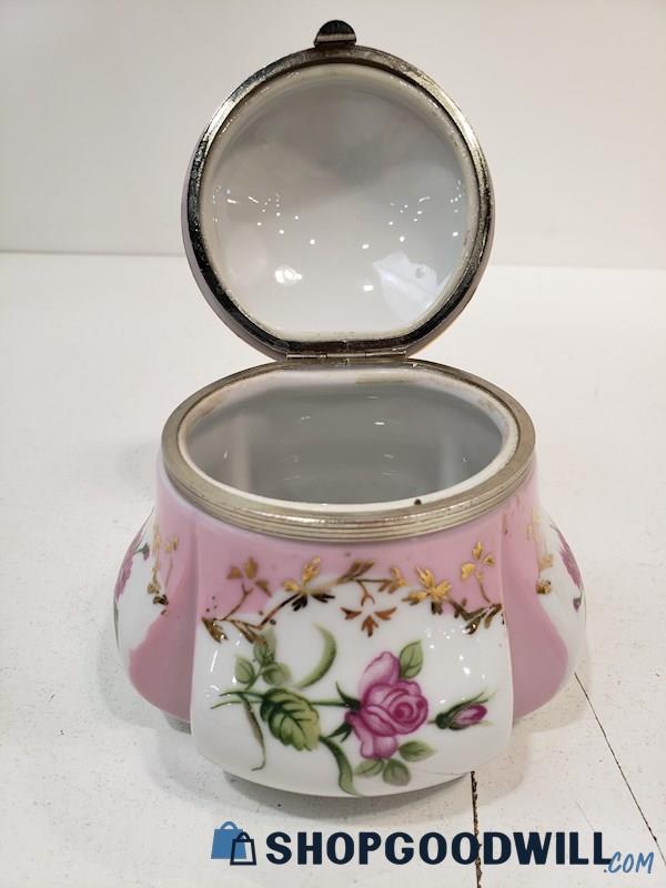 Vintage RS  Lidded Porcelain Vanity Trinket Box Jewelry Dish W/ Flower Design