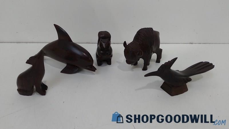 Lot 5pc Hand Carved Wooden Animals - Dolphin, Squirrel, Buffalo, Wolf & Bird