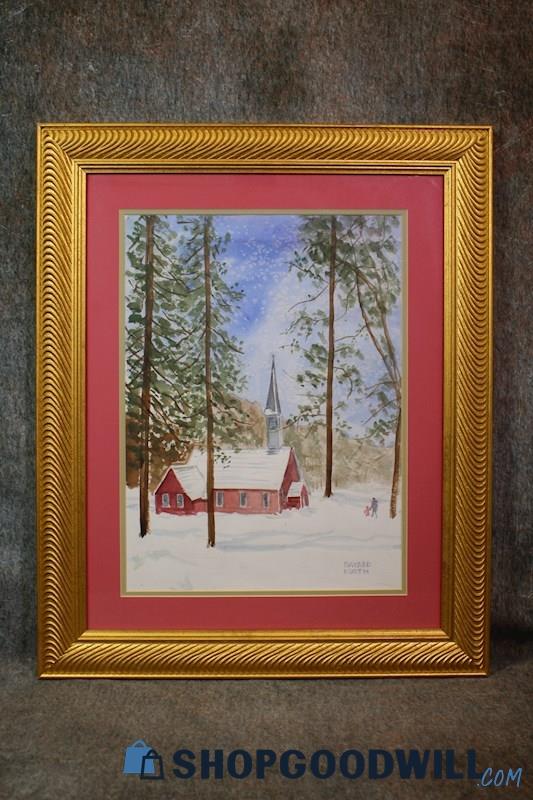 Church in the Winter Woods Original Watercolor Painting Signed Bayard Kurth Art