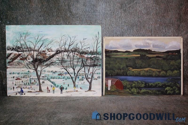 2 Original Sledding Winter & Country Farm Landscape Paintings Signed Curran Art