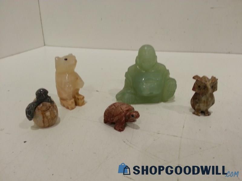Carved Stone Animal Figurines + Jade-Tone Buddha Unbranded