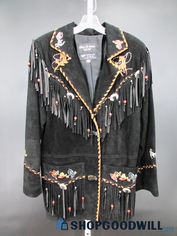 Dilva Di Roma Women's Vtg Black Fringe Embroidered Leather Western Jacket SZ M