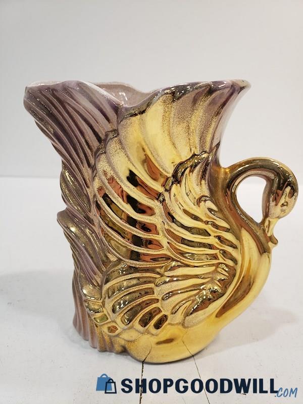 Stewart B McCulloch Swan Vase, California Pottery Gold Tone Bird Water Fowl 