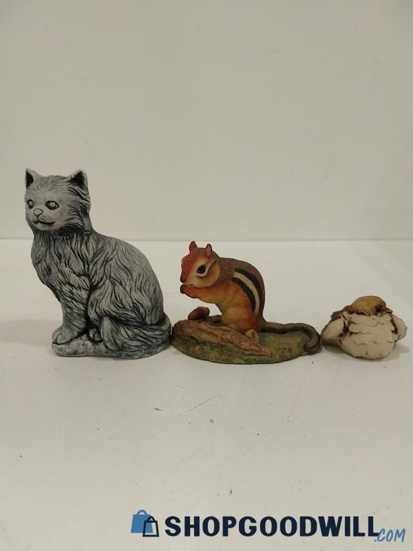 3pc Animal Figures, Mixed Brands  Volcano Ash Cat, Squirrel/Chipmunk, Bird   