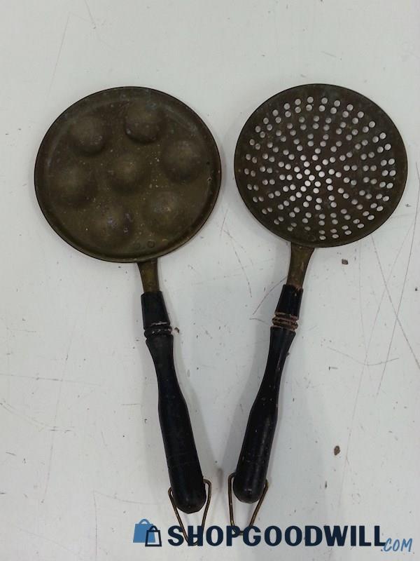 2 VTG/Antique Brass Skimmer/Strainer & Egg Poacher Pans W/Wood Handles 
