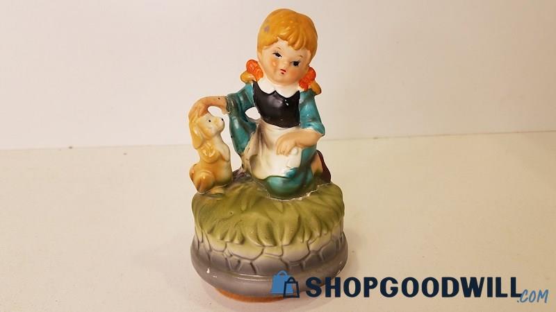 Vintage Artmark Music Box Ceramic Little Girl with Dog Do Re Mi Made in Japan