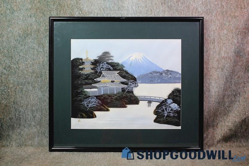Mount Fuji Overlooking Lakes & Temple/Shrine Framed Original Painting Signed Art