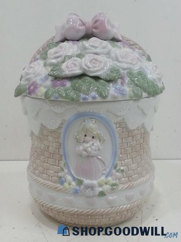 VTG Cookie Jar Precious Moments Porcelain Basket Of Flowers Design